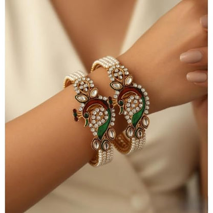 Efulgenz Indian Faux Pearl Peacock Hinge Openable Cuff Bracelet Bangle