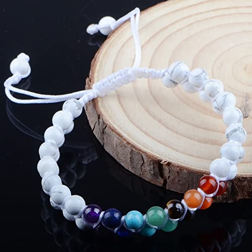 MASSIVE BEADS Double Layer Natural Chakra Healing Power Crystals Macrame Bracelet Yoga Stone Beads Gemstone Meditation Relax Anxiety Bangle for Unisex Women Men - color: 7-Chakras&Howlite, size: 4mm
