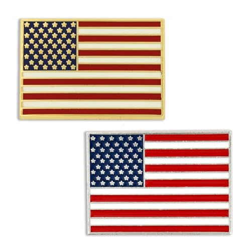 PinMart American Flag Lapel Pins - Set of 2 – Made in USA – Brass with Hard Enamel – Gold-colored & Nickel-Plated – 7/8"x5/8" & 1"x3/4" – Clutch Back – Ideal for Hats, Lapels & Gifts - color: Rectangle Gold colored and Nickel Plated