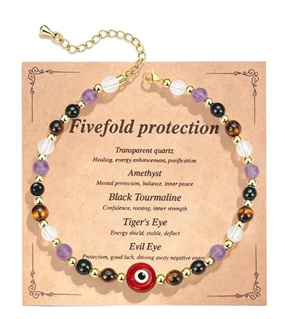 ROYONE Evil Eye Bracelets - 5 Healing Crystals Gift Set，Adjustable Natural Stone Jewelry for Anxiety Relief & Good Luck - color: red