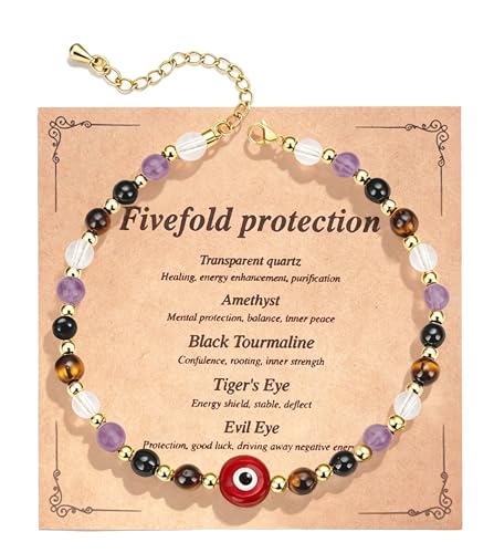 ROYONE Evil Eye Bracelets - 5 Healing Crystals Gift Set，Adjustable Natural Stone Jewelry for Anxiety Relief & Good Luck - color: red