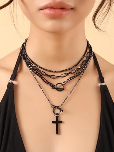 Sacina Goth Layered Cross Choker Necklace, Gothic Punk Grunge Emo Necklace, Christmas Jewelry Gift for Women - color: Black