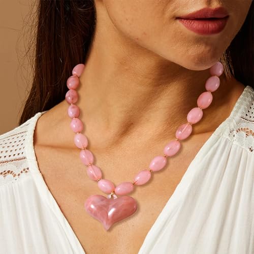 Chunky Beaded Necklaces for Women Trendy Colorful Acrylic Bead Statement Necklace Puffy Heart Pendent Necklaces for Women Boho Fashion Jewelry - color: D-light pink