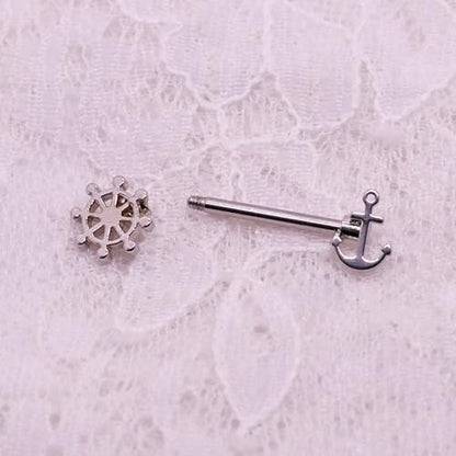 14G Wrench Barbell Nipple Ring 316L Anchor and Rudder Nipple Barbell Screw Nipple Rings Body Piercing Jewelry for Women Men - color: Silver-Anchor and Rudder