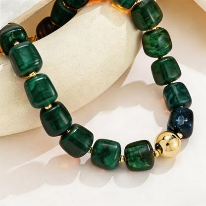 Colorful Statement Chunky Beaded Necklace for Women Large Square Resin Beads Y2K Trendy Bold Summer Vacation Boho Choker Jewelry - color: Dark green