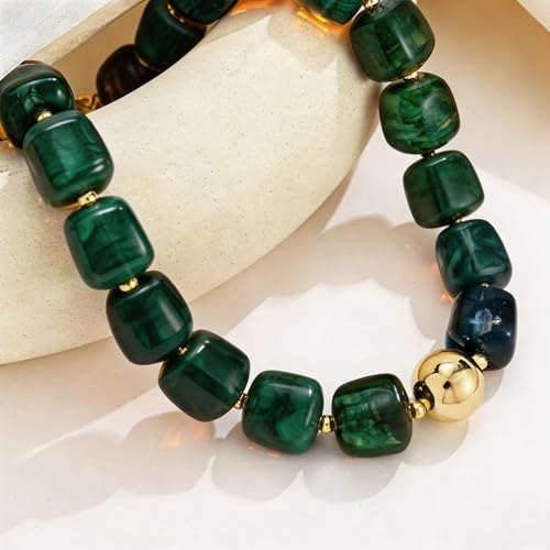 Colorful Statement Chunky Beaded Necklace for Women Trendy Y2K Boho Choker | Large Square Resin Beads Bold Summer Vacation Jewelry - color: Dark green