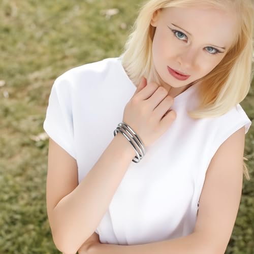 Fashion Shiny Thin Round Stainless Steel Bangle Bracelets for Women (1/3/5/8 Set) - style: Flat-5 Set