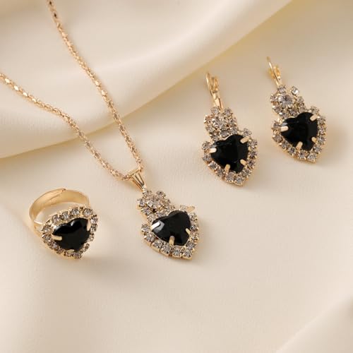 MALOYANVE 4PCS Crystal Heart Jewelry Set Glitter Gold Cubic Zirconia Love Heart Pendant Necklace Lightweight Hoop Earrings Bangle Bracelet Adjustable Open Ring Prom Wedding Jewelry for Women - color: Black