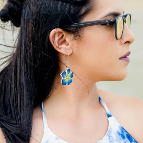 Floral Dangle Earrings for Women Hawaiian Tropical Plumeria Rubra Flower Drop Earrings with Cubic Zirconia Luau Beach Party Vacation Hawaiian Accessories Jewelry Gift - color: Blue