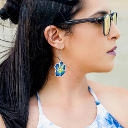 Floral Dangle Earrings for Women Hawaiian Tropical Plumeria Rubra Flower Drop Earrings with Cubic Zirconia Luau Beach Party Vacation Hawaiian Accessories Jewelry Gift - color: Blue