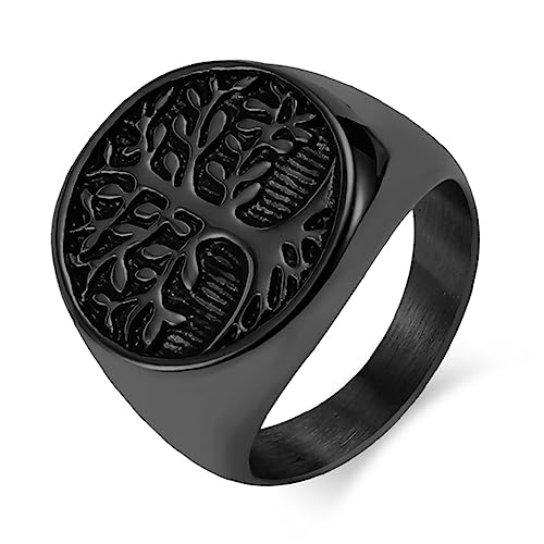 Men's Stainless Steel Vintage Gold Plated Tree of Life Ring Signet Biker Band Round Top - color: Black