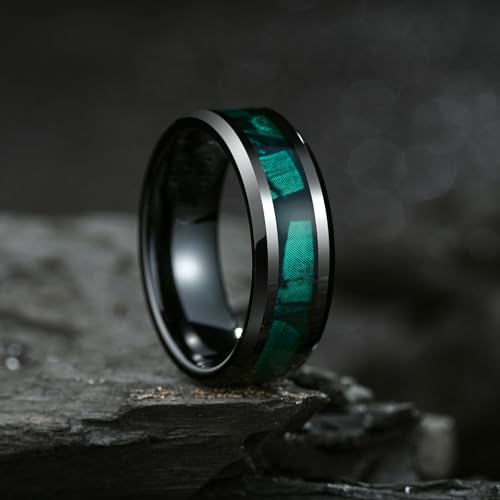 King Will Tungsten Wedding Band Wood Inlay for Men Black Beveled Edge | Black, 8mm, Beveled Edge, Comfort Fit, Wood inlay, Promise Gift - color: Black-Green