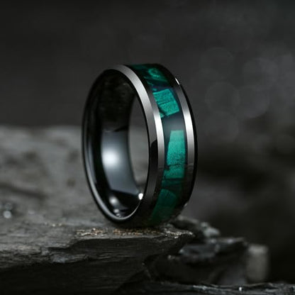 King Will Tungsten Wedding Band Wood Inlay for Men Black Beveled Edge | Black, 8mm, Beveled Edge, Comfort Fit, Wood inlay, Promise Gift - color: Black-Green