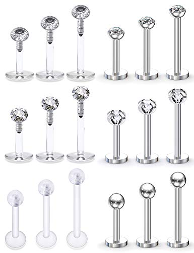 SCERRING 16G Lip Rings Clear CZ Labret Monroe Lip Ring Tragus Nail Helix Earring Stud Piercing Jewelry Bar Length 6mm 8mm 10mm - style: 18PCS - 3mm Top Silver
