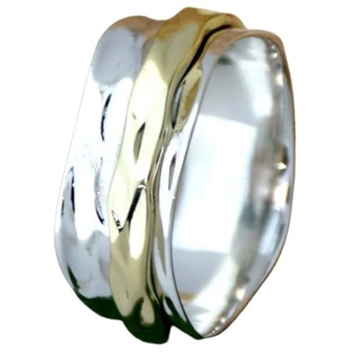 925 Sterling Silver Hammered Spinner Ring for Women Two Tone Gold Fidget Anxiety Ring Wide Band Custom Size 4 to 15 US Meditation Gift