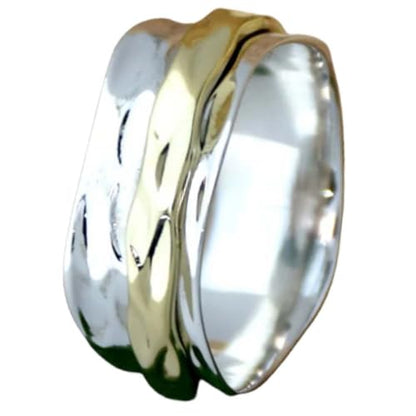 925 Sterling Silver Hammered Spinner Ring for Women Two Tone Gold Fidget Anxiety Ring Wide Band Custom Size 4 to 15 US Meditation Gift