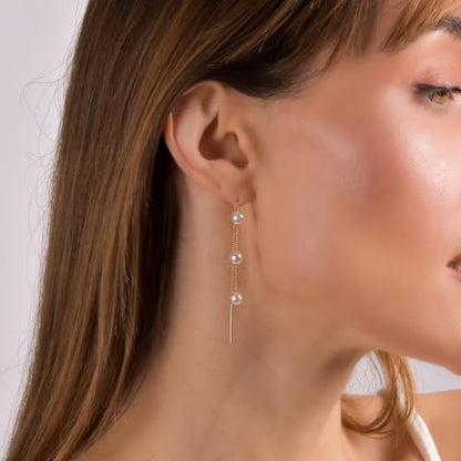 Threader Pearl Earrings for Women - Long Dangle with Simulated Pearls | Plated in Gold Tone or Silver Tone - color: Multi Simulated Pearl - Gold Tone