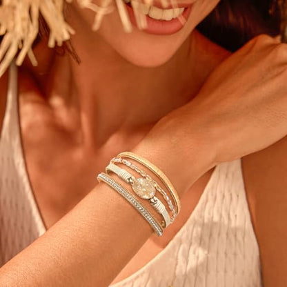 Wrapped Bracelets for Women,Leather Boho Bracelets for Women - color: Beads-Cream