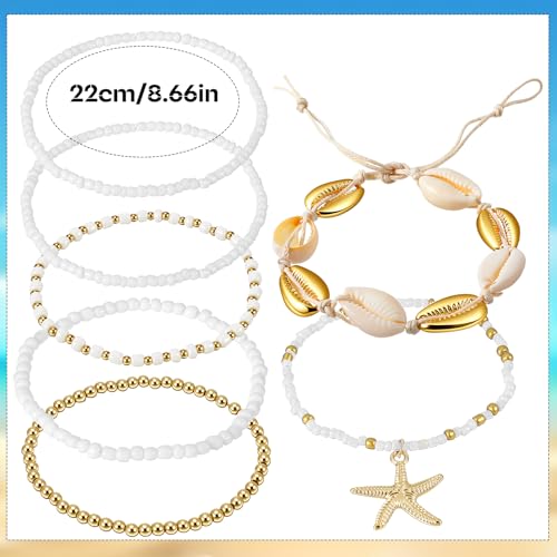 Ouligay 7PCS Boho Shell Ankle Bracelet Shell Beaded Ankle Bracelets for Women, Summer Beach Bracelets, Boho Adjustable Anklet Hawaiian Beach Seashell Starfish Foot Jewelry Gifts, Summer Accessories