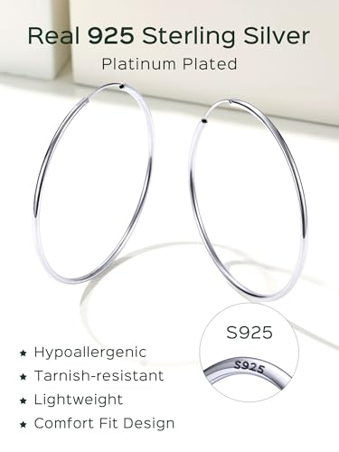 ChicSilver 925 Sterling Silver Hoop Earrings for Women Hypoallergenic, Lightweight Large Gold Plated Silver Hoop Earrings, Endless Hoops Earring 20/30/40/50/60/70MM - color: A. High Polished Silver, size: 60mm