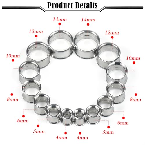 12G-25mm Double Flare Thin Gauges Tunnels Plugs Stretching Kit 316L Surgical Stainless Steel Hollow Gauge Tunnel Plug for Ear 12G 10G 8G 6G 4G 2G 0G 00G 12mm 14mm 16mm 18mm 20mm 22mm 25mm - color: Silver Tone, size: 6G(4.0mm)-18mm