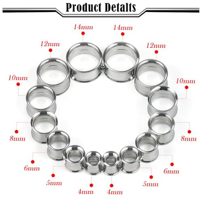 12G-25mm Double Flare Thin Gauges Tunnels Plugs Stretching Kit 316L Surgical Stainless Steel Hollow Gauge Tunnel Plug for Ear 12G 10G 8G 6G 4G 2G 0G 00G 12mm 14mm 16mm 18mm 20mm 22mm 25mm - color: Silver Tone, size: 6G(4.0mm)-18mm