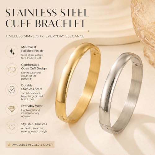 Stainless Steel Cuff Bracelet for Women, Polished Oval Open Bangle Bracelet, Minimalist Jewelry - color: Gold-8mm