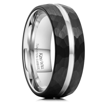 King Will Men's Tungsten Carbide Wedding Ring Hammered Groove Wedding Band Mens Two Tone Engagement Ring for Men and Women Matte Brushed Finish Comfort Fit - color: 8MM Black-Silver Groove