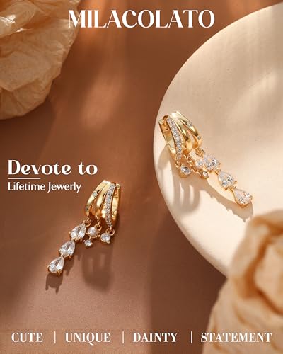 MILACOLATO 925 Sterling Silver Dangle Earrings for Women Hypoallergenic | Trendy 14K Gold Plated Triple Huggie Hoop Earrings Dainty Chain Drop Cubic Zirconia Earring Statement Hoops Fashion Jewelry - color: CZ Chain