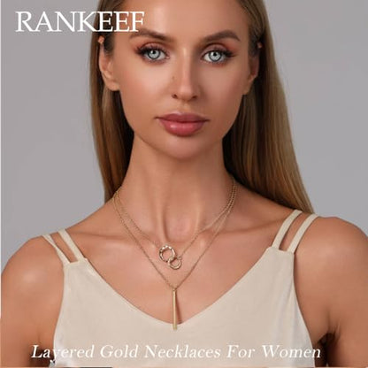 RANKEEF Layered Gold Necklaces For Women 14K Gold Plated Adjustable Pearl Round Piece Bar Layered Necklace Sleek Herringbone Chain Double Circle Layered Necklace Set Gold Layered Necklaces For Women