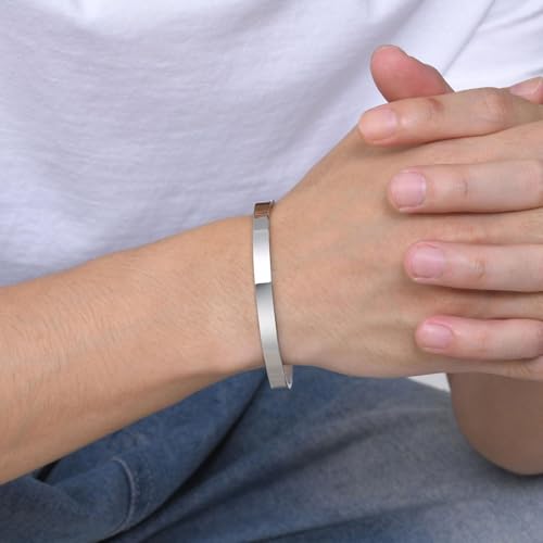 Stainless Steel Mens Cuff Bracelet : Minimal Cool Silver/Black/Gold Plated Open Metal Cuff Bangle Bracelets for Men,Mens Bracelet Jewelry Gift - color: Silver-Single, size: Large( fit 7" to 8.5" wrist)