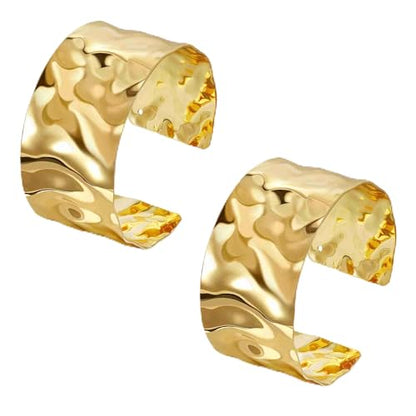 2 Pcs Gold Cuff Bangle Bracelet Set for Women Irregular Minimalist Statement Bangle Bracelets Wide Open Chunky Wire Bracelets Wrist Cuff Adjustable Hammered Bracelet - color: Gold E