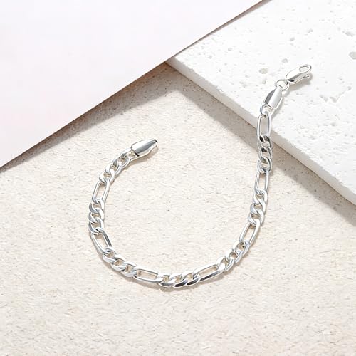 925 Sterling Silver Bracelet for Men Silver Jewelry | 5mm Diamond-Cut Figaro Chain Bracelet 6.5-8 inches Gifts for Men Father Husband - color: 6.5 inches