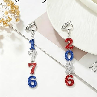 4th of July Independence Day Clip on Earring for Women American Flag Dangle Earrings Patriotic Red White Blue USA Earring, Pave Crystal Stud - color: red 50