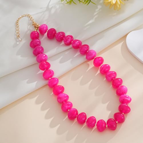 Colorful Chunky Beaded Necklaces for Women Multicolor Large Round Resin Beads Collar Necklace Boho Trendy Statement Chokers Y2K Summer Beach Jewelry - color: Hot Pink-Oval