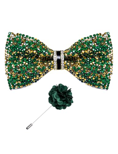 DiBanGu Mens Rhinestone Bow Tie with Ring and Lapel Pin Set | Adjustable Strap,Pre-tied Style,3PCS,Sequin Diamond Bowties，Solid/Mix Color,Shiny Accessory,for Party Prom Banquet Wedding - color: Green and Yellow