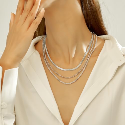 wgoud Gold Necklace for Women Waterproof,14K Real Gold Plated Herringbone Choker Necklace for Women Trendy, Dainty Gold Chain Necklaces Stack,Simple Layered Gold Necklaces for Women Jewelry Gifts - color: 3Pcs Silver Necklace