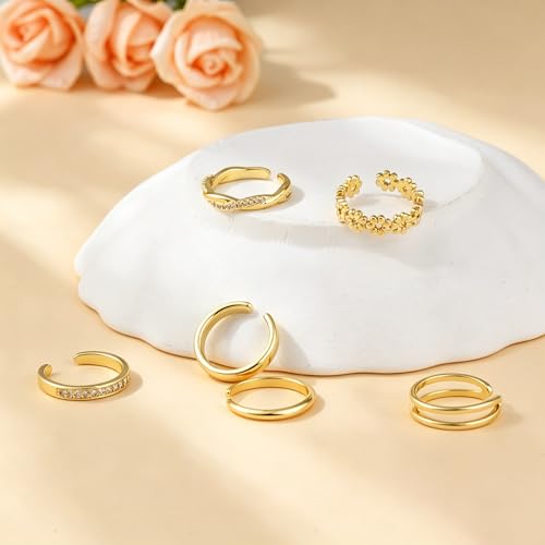 GAUEIOUR Adjustable Toe Rings Gold for Women, Set of 6 Gold-Plated Toe Ring | Minimalist Summer Beach Party Casual Vacation Surf Zircon Inlay Fashion Open Stacking Foot Jewelry for Women