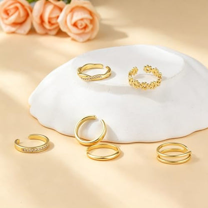 GAUEIOUR Adjustable Toe Rings Gold for Women, Set of 6 Gold-Plated Toe Ring | Minimalist Summer Beach Party Casual Vacation Surf Zircon Inlay Fashion Open Stacking Foot Jewelry for Women