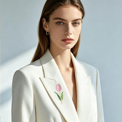 Rhinestone Tulip Flower Brooch Pin for Women Dainty Floral Lapel Pin Gold Plated Tulip Flowers Green Leaf Broochs Pins Trendy Wedding Party Jewelry Accessories - color: Pink