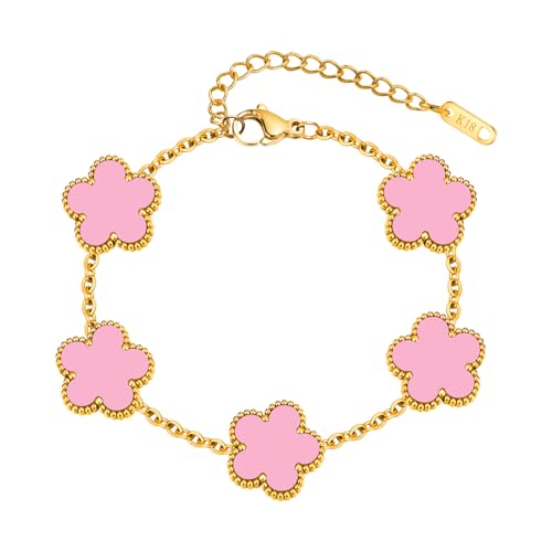 Women Gold Bracelets Jewelry Set - 3Pcs 18K Gold Plated Floral Bracelet,Stainless Steel Charm Bracelet Non-Tarnish,Adjustable Lucky Chain Trendy Gift,Christmas Valentines Birthday Gifts for Girlfriend - style: Pink