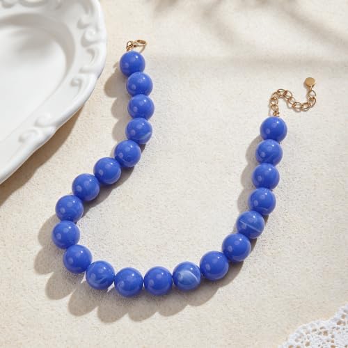 Chunky Beaded Necklace for Women Trendy Boho Collar Statement Necklace Large Round Resin Beads Choker Necklaces Summer Beach Jewelry Gifts - color: Royal Blue