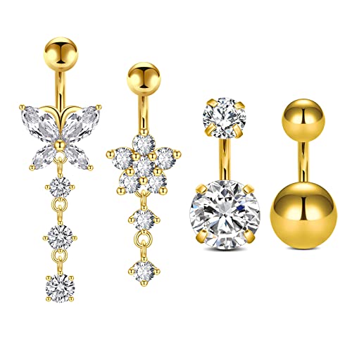 QWALIT Belly Rings - Short Bar Belly Button Rings in Surgical Steel with Opal Stones - 6mm & 10mm - color: F12-4pcs gold short 6mm