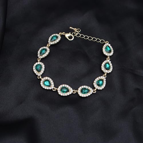 Austrian Crystal Rhinestone Necklace Dangle Earrings Link Bracelet Jewelry Set for Brides Bridesmaid Prom Costume Accessories for Women - color: Emerald-Gold Plated