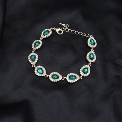 Austrian Crystal Rhinestone Necklace Dangle Earrings Link Bracelet Jewelry Set for Brides Bridesmaid Prom Costume Accessories for Women - color: Emerald-Gold Plated