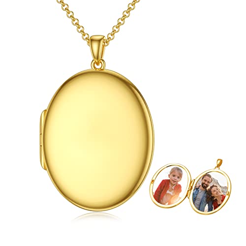 SOULMEET 10K 14K 18K Solid White Gold/Silver Minimalist Style/Infinity Sunflower Heart/Oval Locket Necklace That Holds 1 or 2 Pictures Personalized Photo Locket Necklace Letters Engraving - style: E1-Gold oval locket+photo