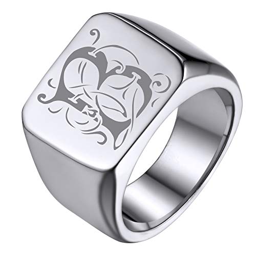 GoldChic Jewelry Personalized Signet Rings Men Women, Stainless Steel Custom Photo Bold Square/Oval Monogram/Old English Initial Pinky Stacking Statement Ring in Black/Silver/Gold (Size 7-14) - color: Steel-Initial -Square