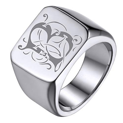 GoldChic Jewelry Personalized Signet Rings Men Women, Stainless Steel Custom Photo Bold Square/Oval Monogram/Old English Initial Pinky Stacking Statement Ring in Black/Silver/Gold (Size 7-14) - color: Steel-Initial -Square