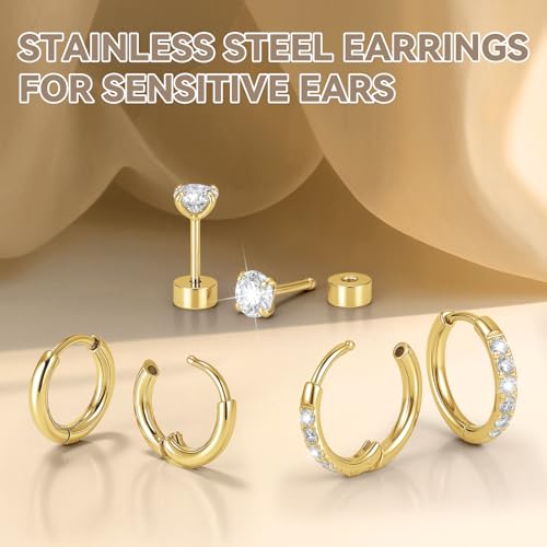 Silver/Gold Stud Hoop Earrings:Hypoallergenic Surgical Stainless Steel Small Cartilage Huggie Hoop Earrings Flat Back Earrings Screw Back and Flatback Stud Earrings for Women Multiple Piercing Sensitive Ears - style: Gold-(6mm+8mm)hoop earrings+4mm cz stu