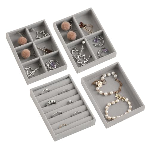 Frebeauty Small Jewelry Organizer for Drawer,Set of 4 Velvet Jewelry Trays | Jewelry Box Inserts,Drawer Inserts,Vanity Drawer Organizer,Mini Size,Stackable Earring Organizer,Adjustable Dividers - color: Grey, size: Set 4